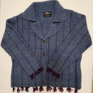 Vintage Lost Horizons 100% Hand Dyed Wool Cardigan Blue Button Front Boho READ